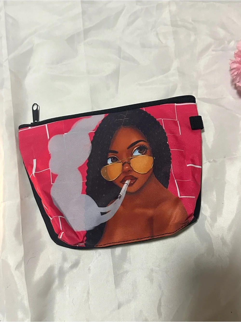 Stylish Pink Graphic Cosmetic Pouch with Sunglasses Illustration